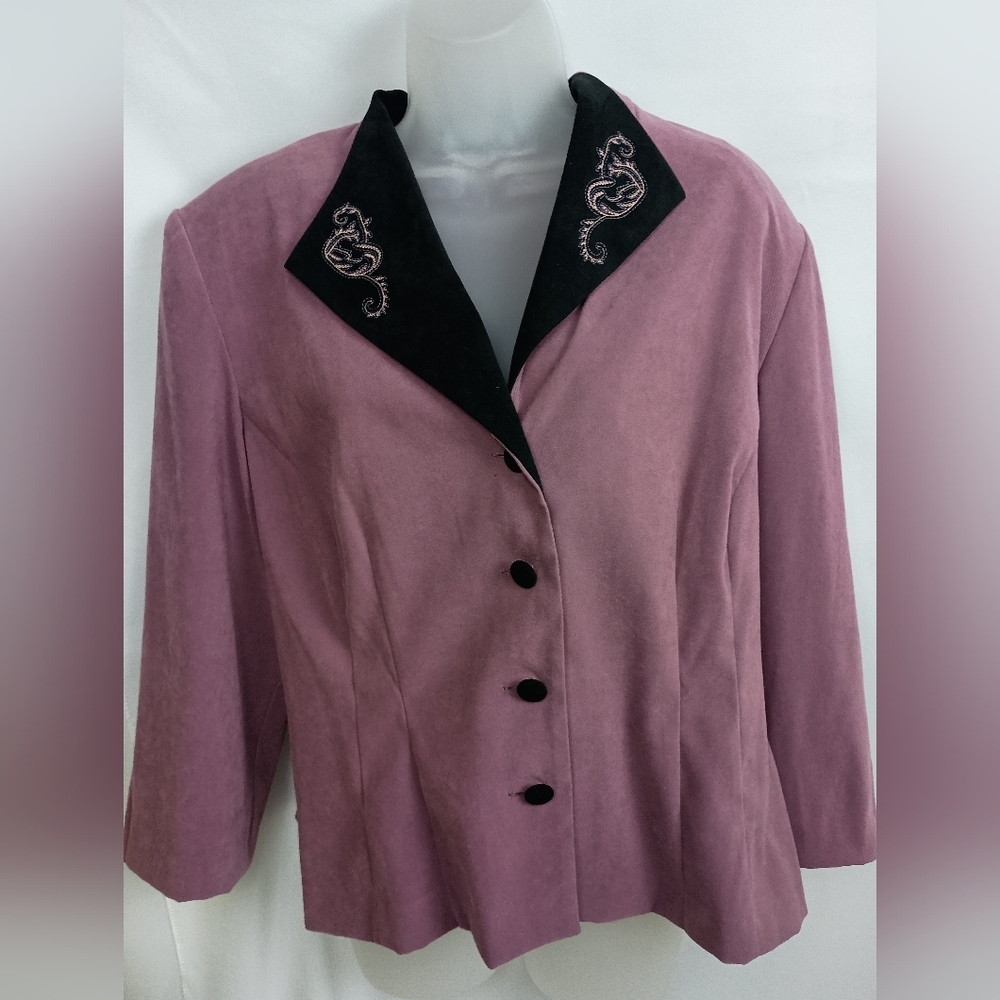 DRESSBARN Embroidered Butterly‎ Mauve Blazer Jacket Corpcore Black Collar (#894)